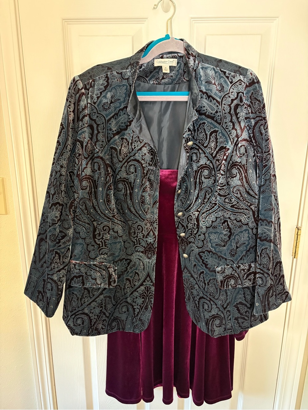 Coldwater Creek Teal Paisley Velvet Button-Front Blazer